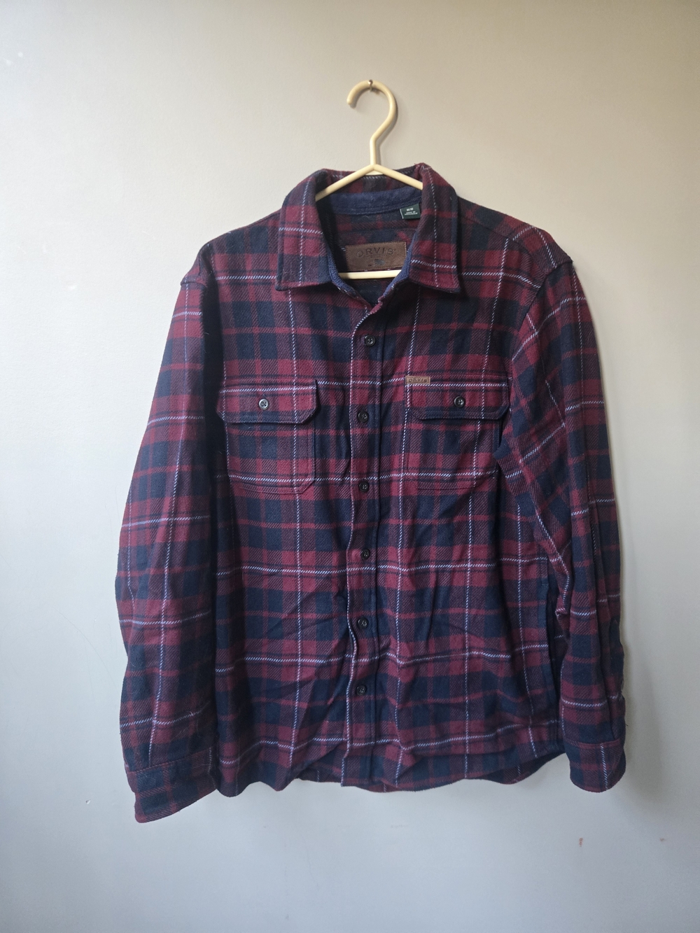 Orvis Heavyweight Plaid Flannel Shirt Men's Medium Red Navy Button Front